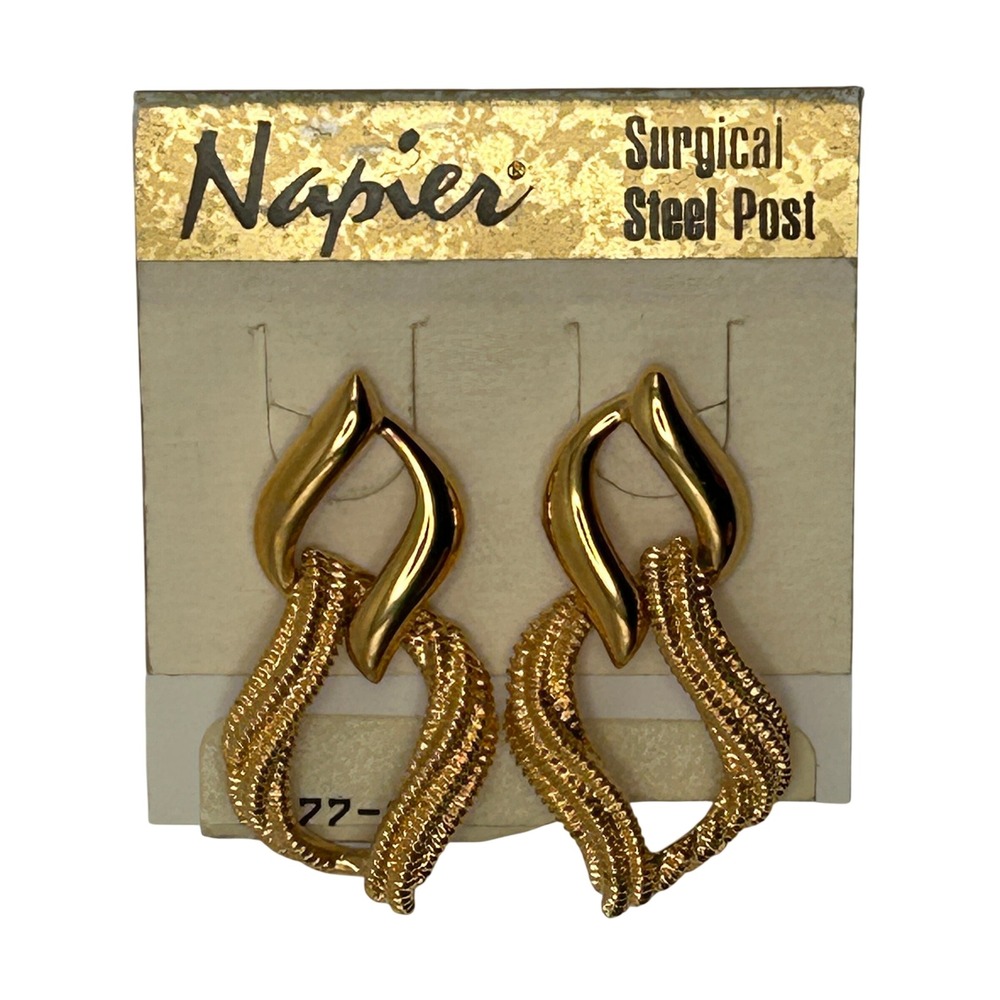 Napier Vintage Gold Tone Textured Drop Dangle Earrings Surgical Steel Post